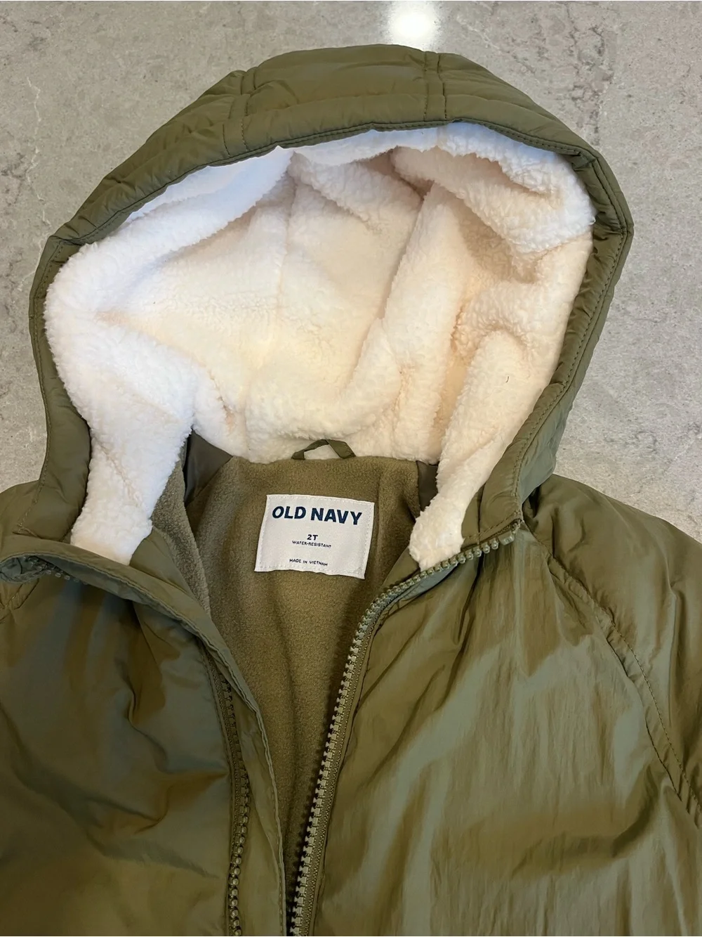 Old Navy Kids Olive Hooded Puffer Jacket with Cream Sherpa Lining